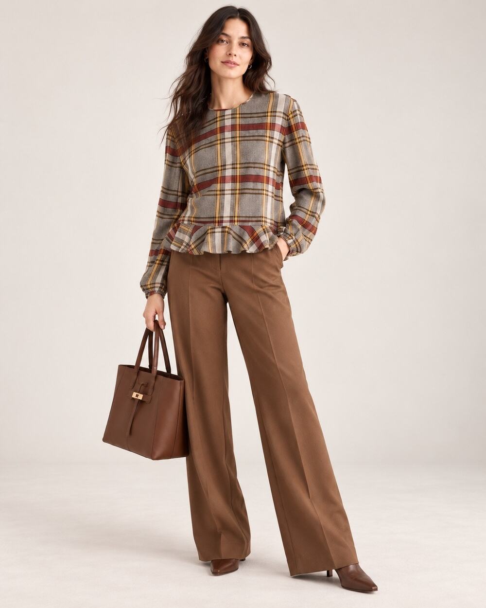 Longchamp Paris Plaid Wool Viscose Ruffle Hem Blouse Size 42 US 10 NWT
